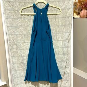 Express Aquamarine cocktail dress with halter neck and deep back keyhole